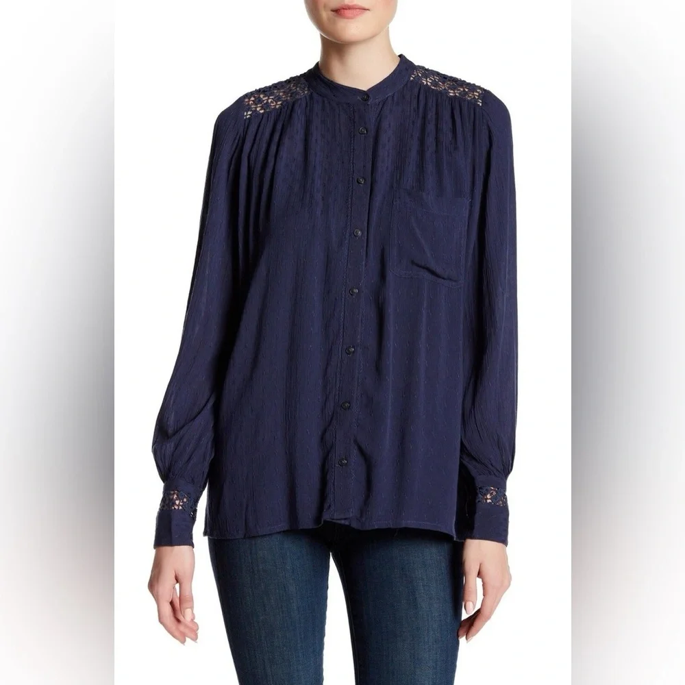 Free People The Best‎ Button Down Mesh Back Long Sleeve Blouse Top Size M